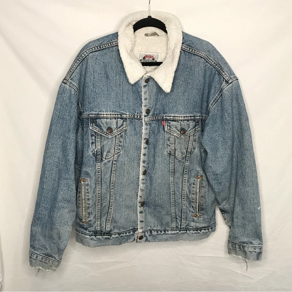 Vintage 80s 90s‎ Levis Jean Denim Trucker Jacket Sherpa Lined XL USA Distressed